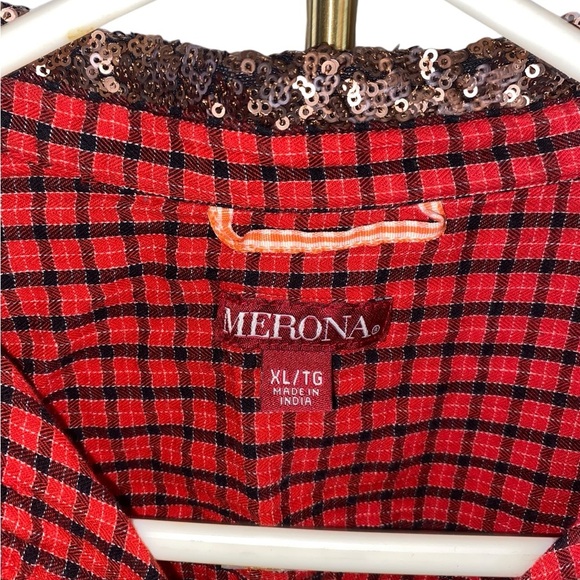Merona red plaid cotton button down with rose gold sequin collar - Picture 5 of 9